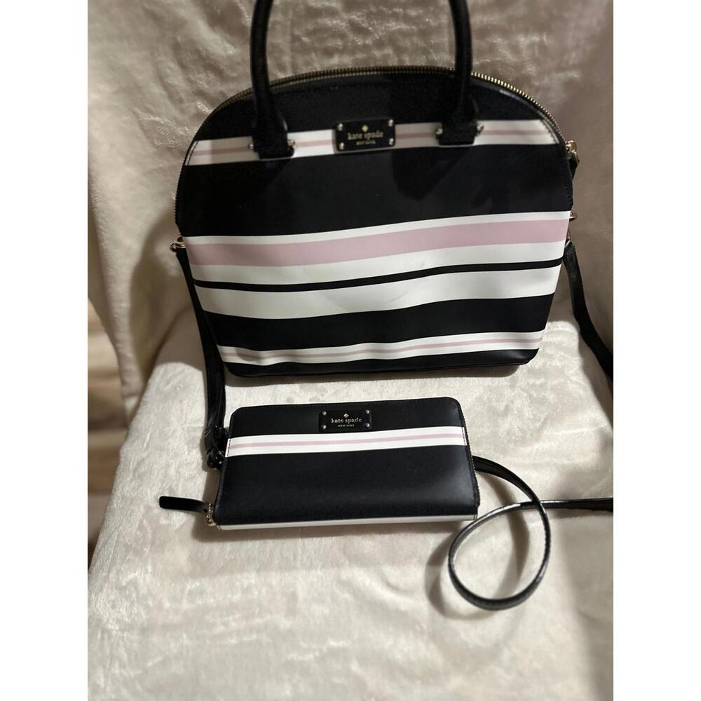 Kate Spade Black and White Striped Handbag with Matching Wallet
